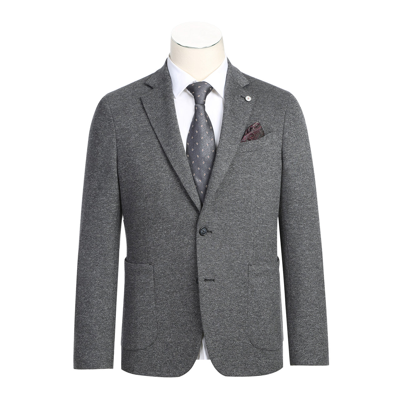 The Pellagio Men's Half Canvas Gray Blazer PF23-6 features a notched lapel and subtle texture, making it a classic piece when draped over a white shirt and patterned tie, with the look completed by a pocket square. Its elegant design is showcased beautifully on the mannequin, embodying timeless style.