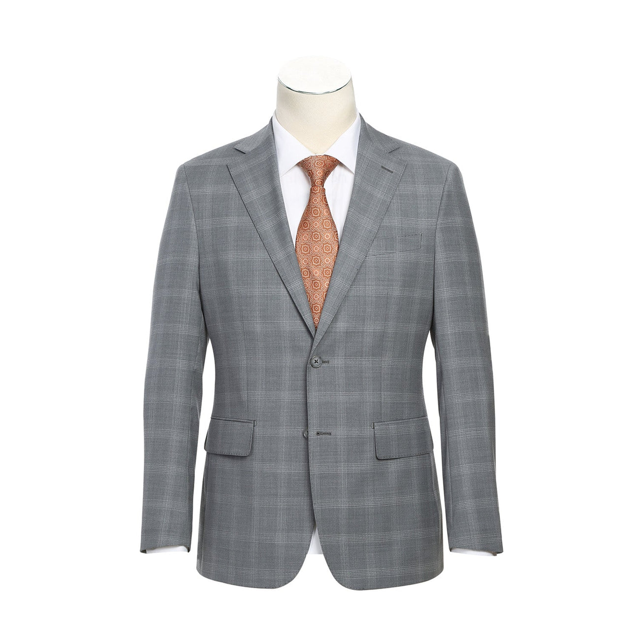 The ENGLISH LAUNDRY Light Gray Window Pane Check Wool Suit, model EL72-62-092 by English Laundry, is displayed on a mannequin with peak lapels, accompanied by a sharp white shirt and a vibrant orange patterned tie.