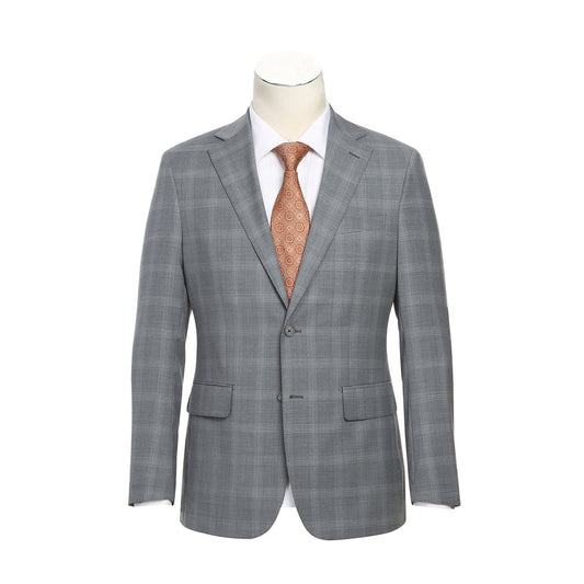 The ENGLISH LAUNDRY Light Gray Window Pane Check Wool Suit, model EL72-62-092 by English Laundry, is displayed on a mannequin with peak lapels, accompanied by a sharp white shirt and a vibrant orange patterned tie.