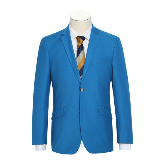 On display is a Renoir Alessandro Vitello blue slim fit suit jacket, ideal for special occasions, styled with a white dress shirt and a black, gold, and gray striped tie.