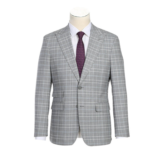 The mannequin displays the ENGLISH LAUNDRY White Smoke Plaid Suit 82-60-092EL from English Laundry, featuring a slim fit with a stylish grey plaid pattern over a crisp white dress shirt, accented by a dark purple polka dot tie and distinguished peak lapels.