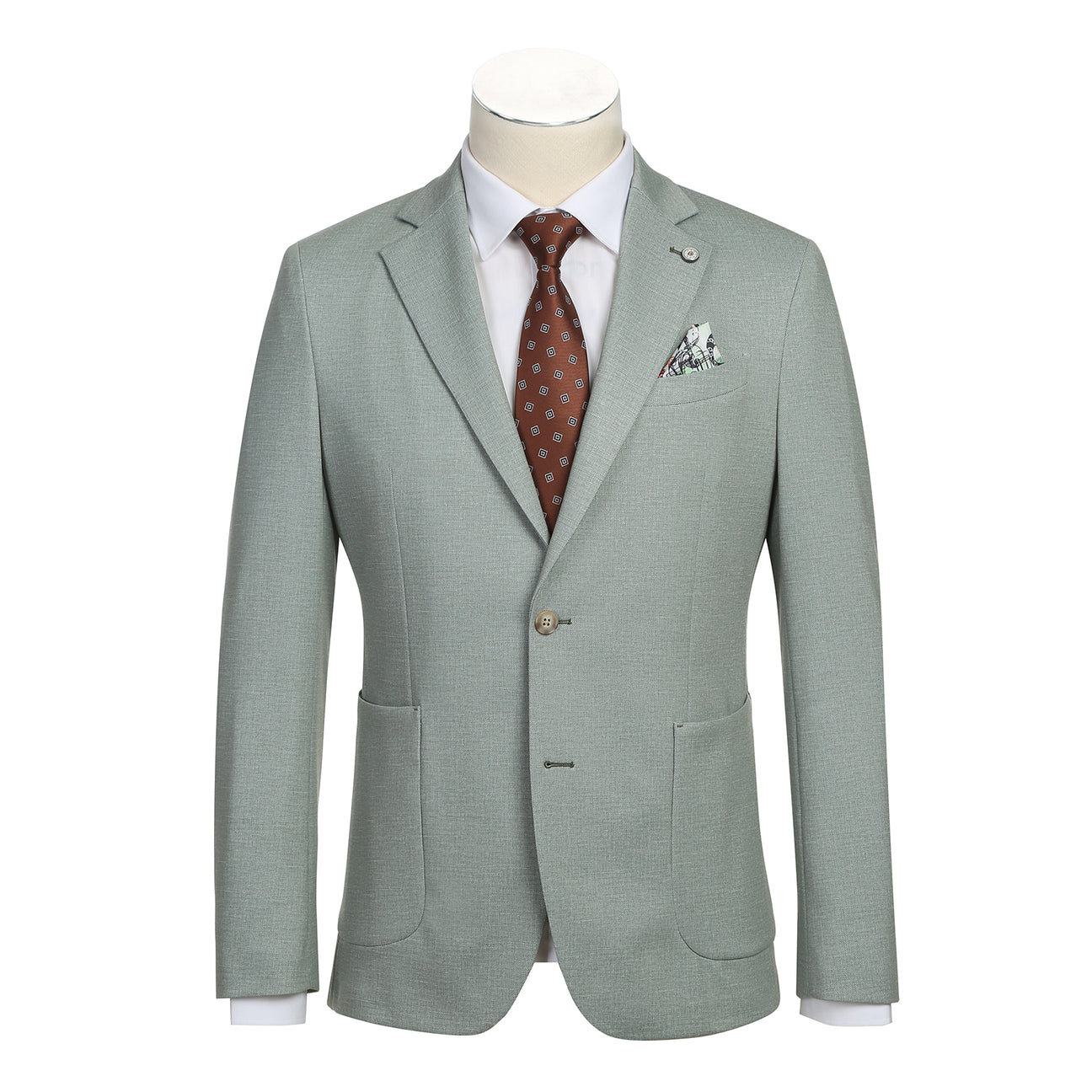 The Pellagio Light Green Men's Half Canvas Blazer, model PS24-4, features a stylish combination of light gray with a white shirt and brown tie. It is designed with notched lapels and patterned lining. This slim fit blazer includes buttons made from a blend of 86% polyester, 9% rayon, and 5% spandex.