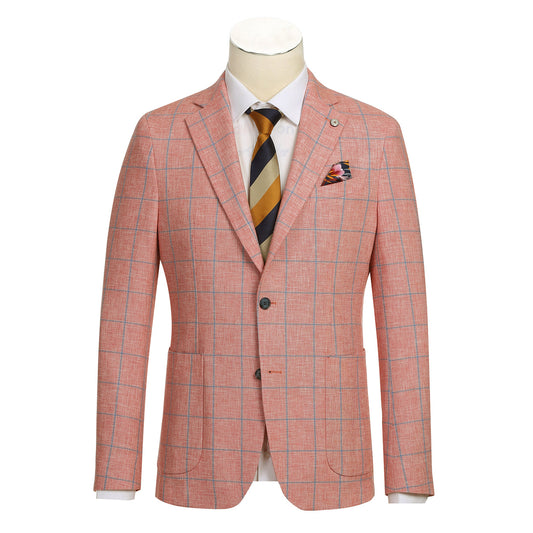 A Pellagio Red Men's Half Canvas Blazer, model PS24-6, featuring a red plaid design and a notched lapel, paired with a crisp white shirt, a striking gold and black striped tie, and an eye-catching colorful pocket square.