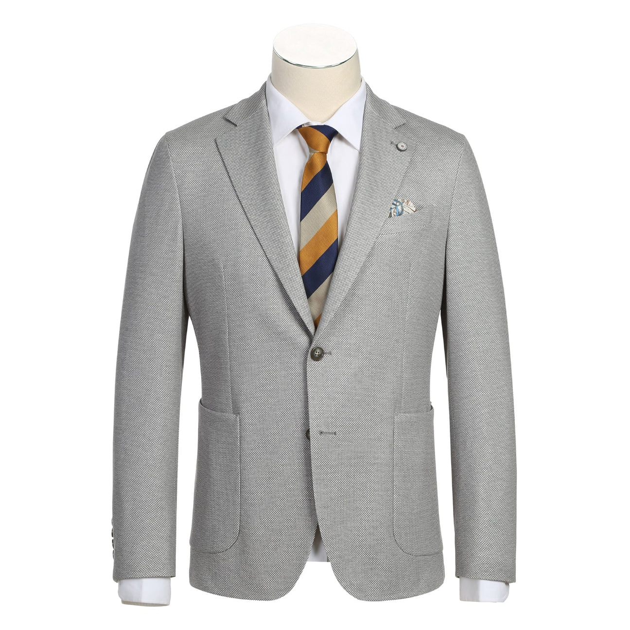 A gray Pellagio Men's Half Canvas Blazer PS23-2, tailored in a slim fit, is displayed on a mannequin with a white shirt and a striped tie in gold, navy, and black. A pocket square is neatly placed in the blazer's pocket. Please note: dry clean only.