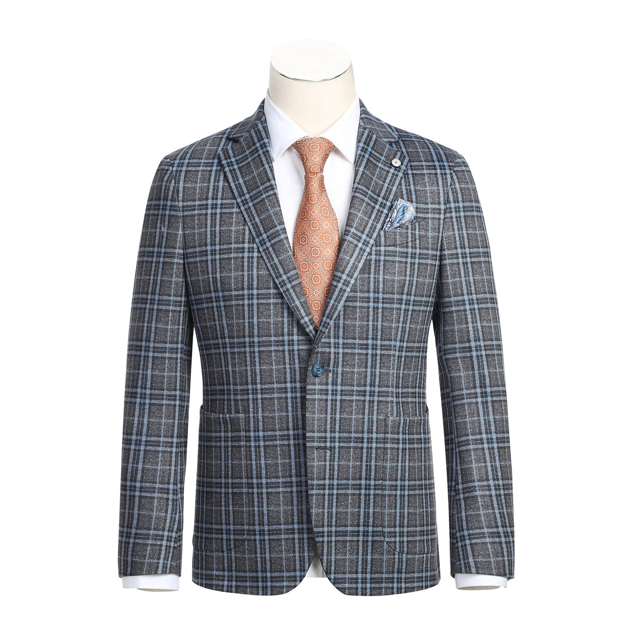 On display is the Pellagio Men's Half Canvas Gray Blue Blazer PF23-1, tailored in a slim-fit with a striking blue, white, and gray checkered pattern. It features a single-breasted design and notched lapel, perfectly complemented by a crisp white shirt and an orange patterned tie for an effortlessly sleek look.