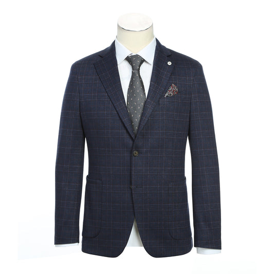 A mannequin dressed in a Pellagio Men's Half Canvas Navy Blazer PF23-14, styled with a white shirt, polka-dot tie, and a patterned pocket square.