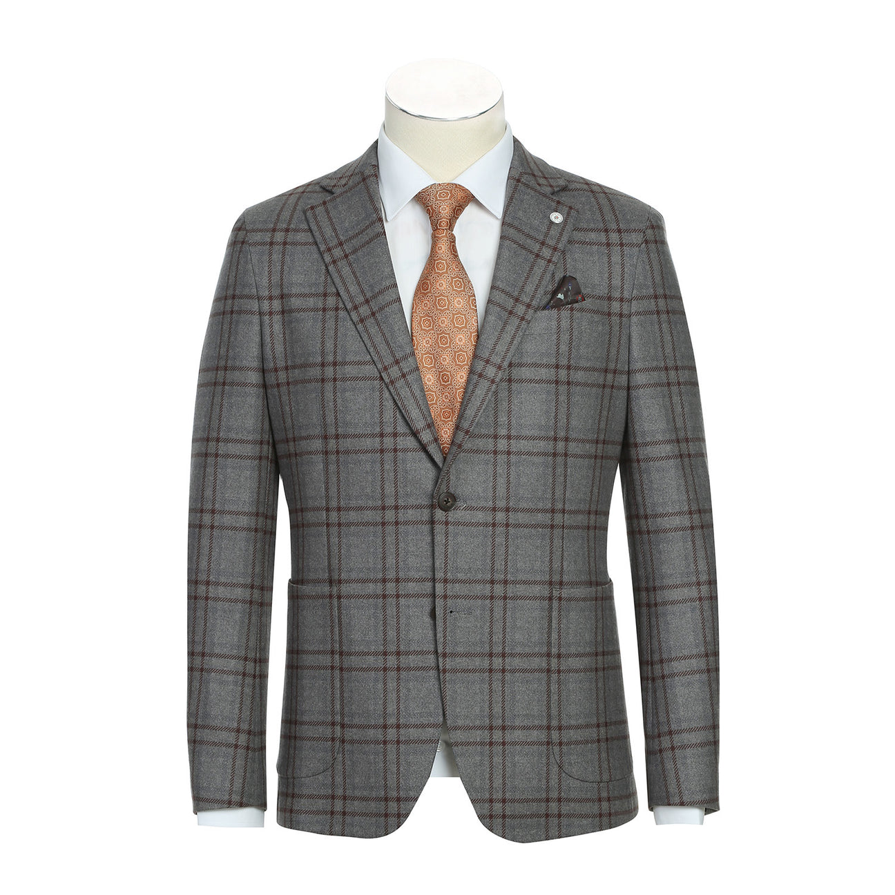 Displayed on a mannequin, the Pellagio Men's Half Canvas Gray Blazer PF23-11 features a notched lapel and single-breasted design, paired with a white shirt and an orange patterned tie.