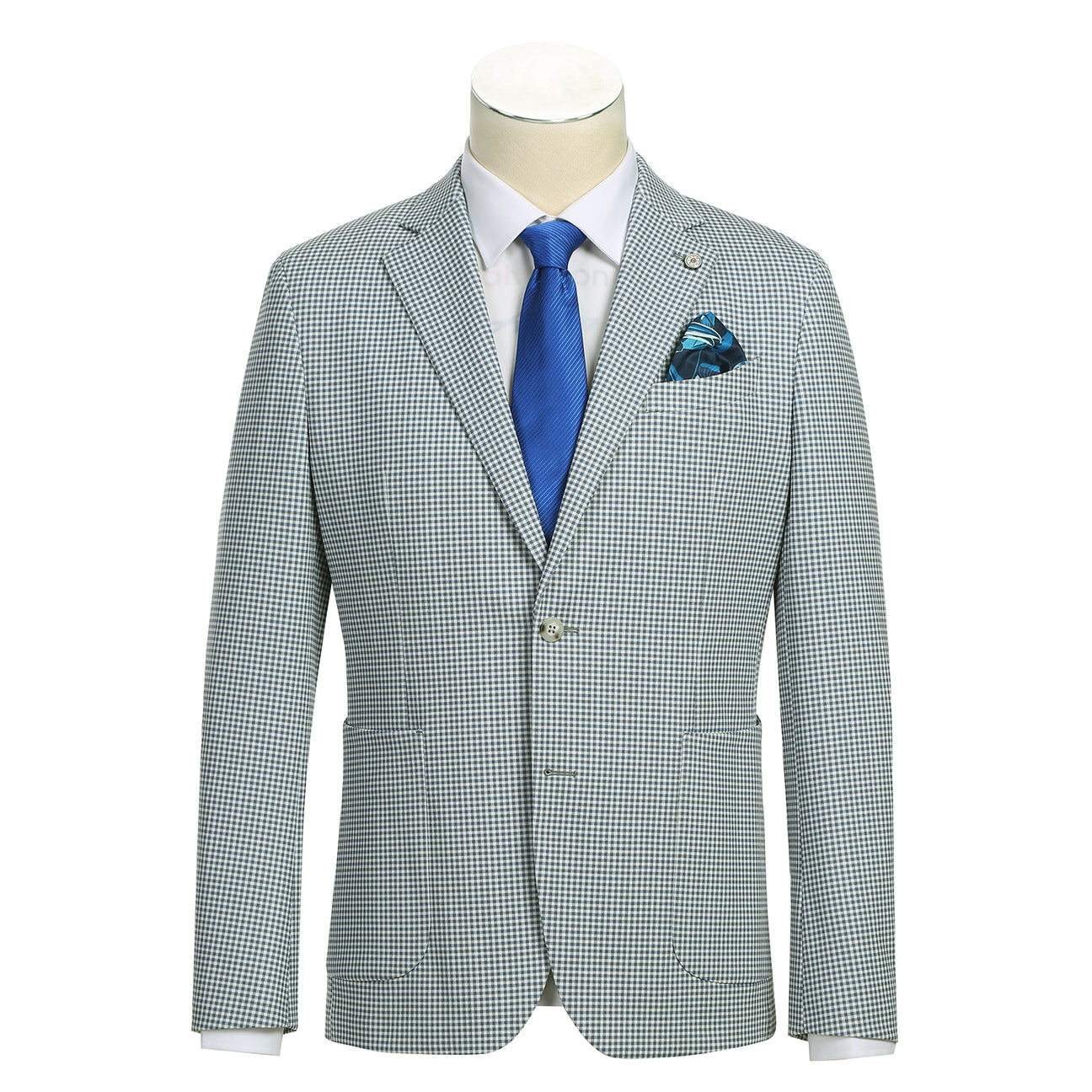 Pellagio Blue White Men's Half Canvas Blazer PS24-9 with a blue tie and pocket square. Features a light gray checkered pattern, polyester and spandex fabric composition, close-up views of the lining and buttons, as well as intricate design details.