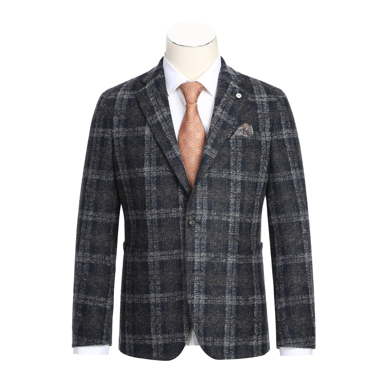 A mannequin dressed in the Pellagio Men's Half Canvas Gray Blazer PF23-8, featuring a checkered pattern and a notched lapel, complemented by a white dress shirt and an orange patterned tie, showcasing a sleek slim fit.