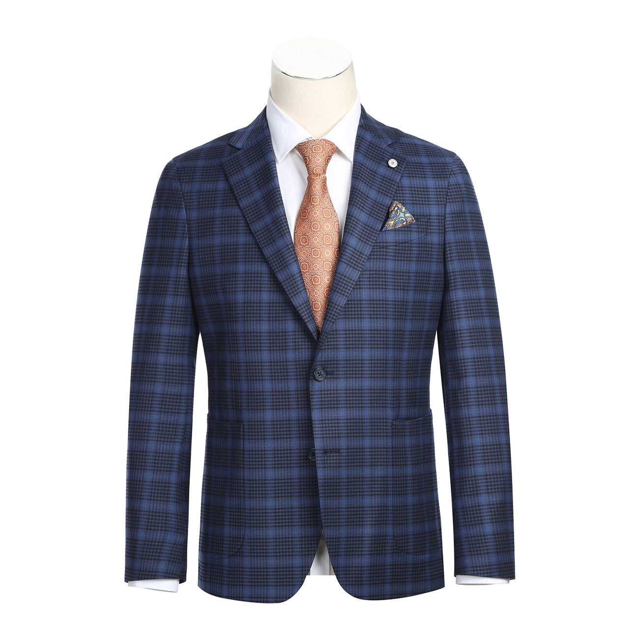 The mannequin displays the Pellagio Men's Half Canvas Royal Blue Blazer PF23-2 over a crisp white shirt, paired with an orange patterned tie and finished with a pocket square.