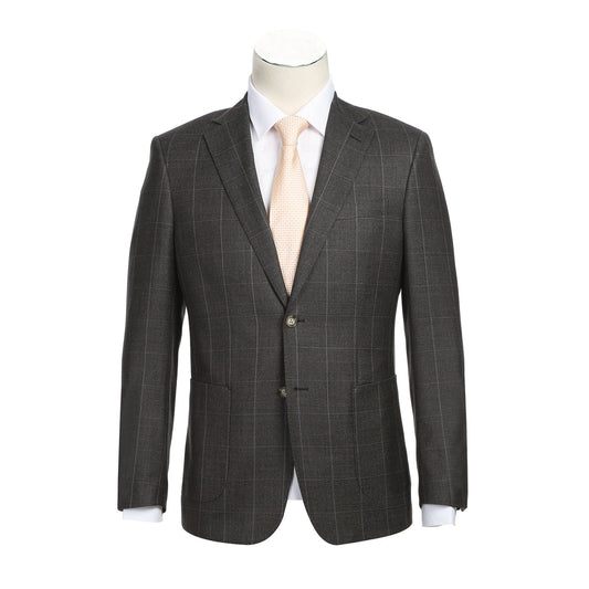 A brown wool suit jacket from English Laundry, featuring notch lapels and a slim fit, is displayed on a mannequin along with a light peach tie and white shirt. This ensemble is crafted from 80% wool.