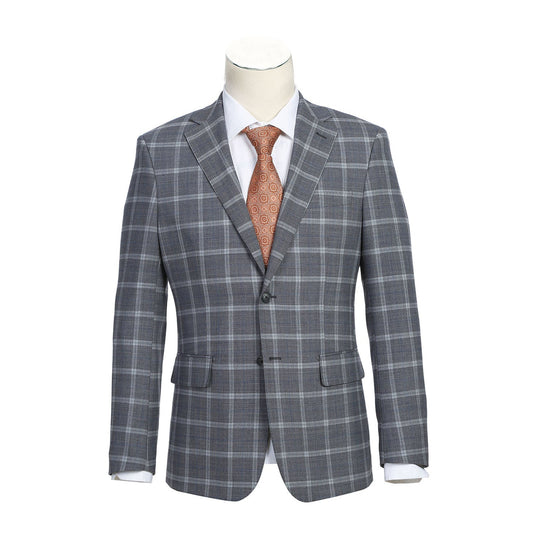 A mannequin featuring the ENGLISH LAUNDRY Gray Plaid Notch Wool Suit, product code EL72-60-092, by English Laundry, paired with a crisp white shirt and an orange patterned tie.