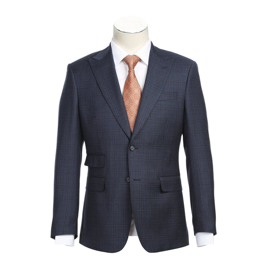 A mannequin is dressed in the English Laundry Gray Wool Suit EL82-66-095, a dark plaid wool suit jacket by English Laundry with a two-button closure, paired with a white dress shirt and a patterned orange tie.