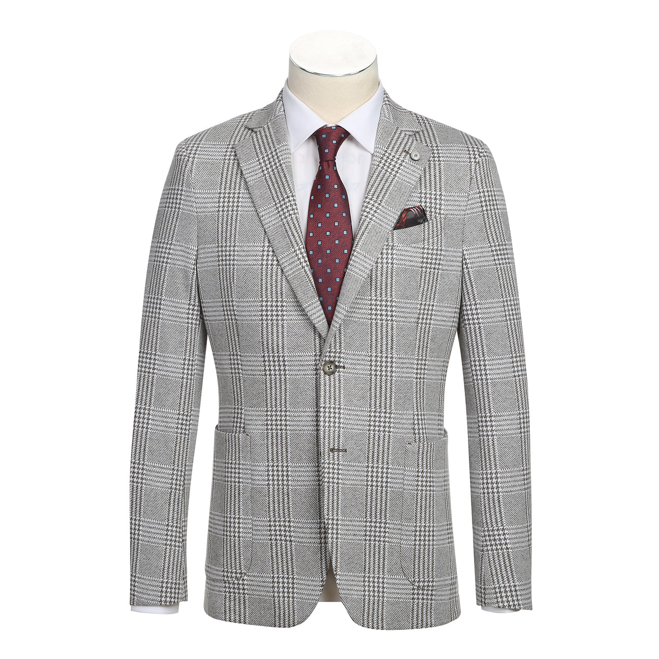 The Pellagio Riserva JKT Sports Coat PS24-8 by Pellagio is a gray plaid suit jacket with a floral lining, displayed from multiple angles. Made from a fabric blend of 65% cotton and 35% polyester, it includes a buttonhole on the lapel.