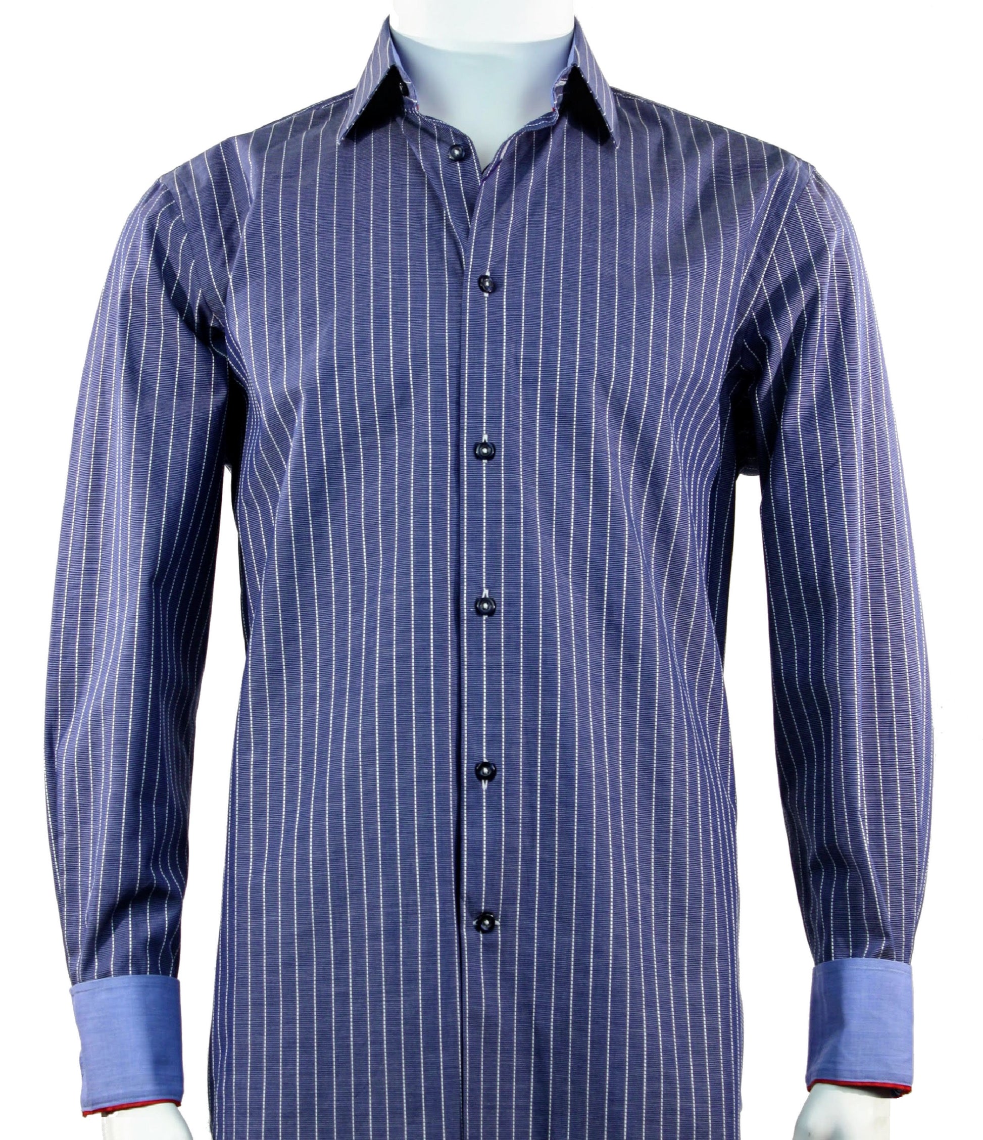 Displayed on a mannequin is the Cado Long Sleeve Shirt 226 by Cado, boasting a modern fit with blue and white pinstripes. This premium cotton button-up shirt features sleek black buttons and is accented by contrasting cuffs and collar.