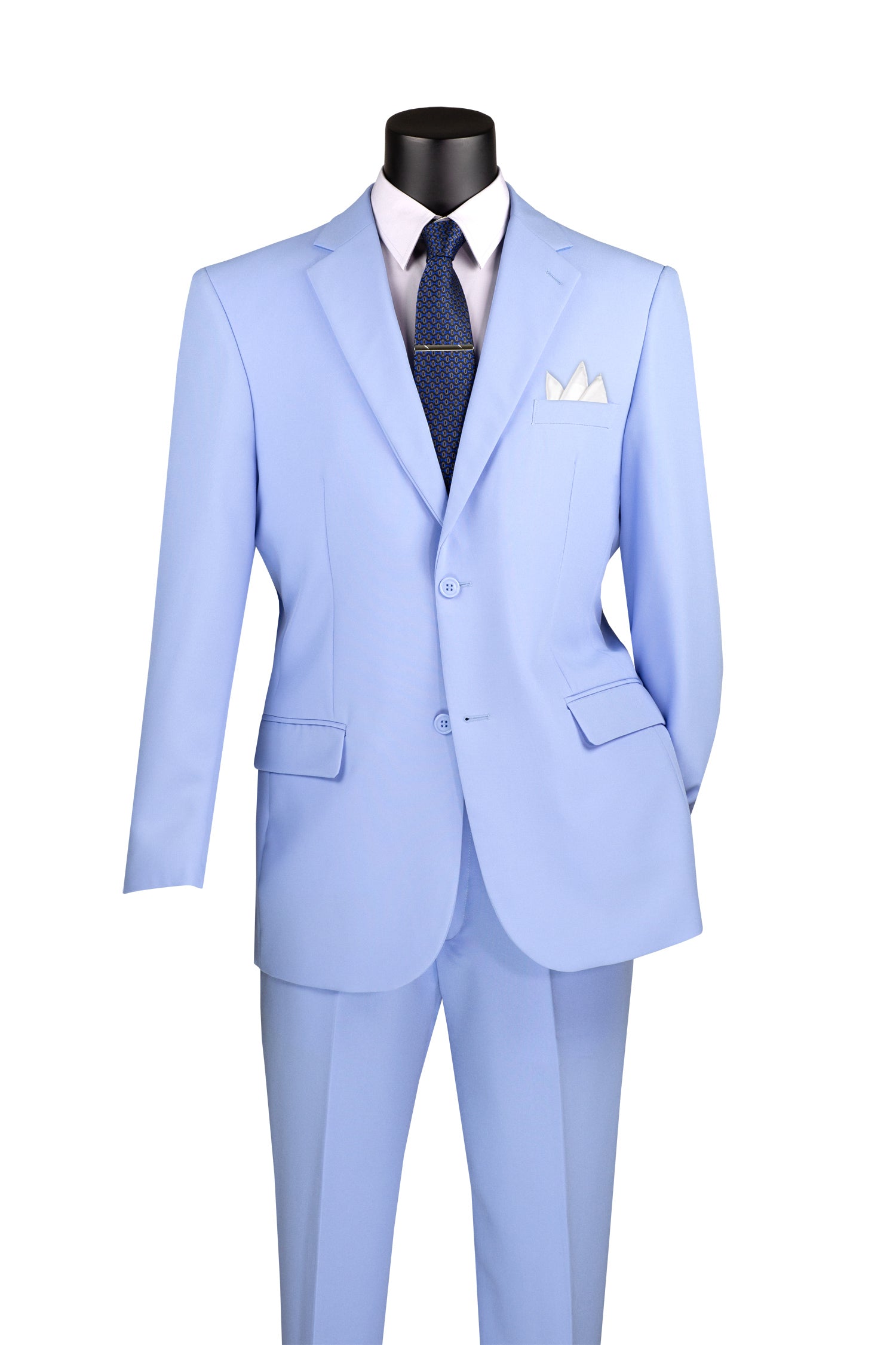 A mannequin displays the Vinci Single Breasted Poplin Dacron Suit in light blue, featuring flat front pants and a single-breasted, two-button jacket from Vinci Suits. The ensemble is completed with a crisp white shirt, dark tie, and pocket square.