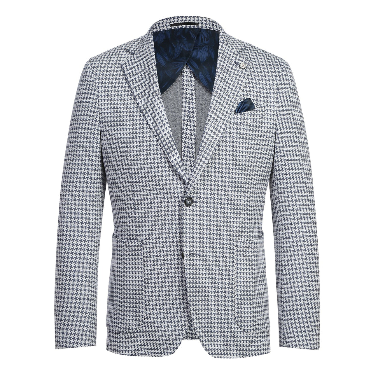 A mannequin showcasing the Pellagio Blue Houndstooth Men's Half Canvas Blazer PS23-5 features a notched lapel, complemented by a white shirt, blue tie, and a blue pocket square. The slim-fit design of this Pellagio blazer brings a modern flair to the classic ensemble.