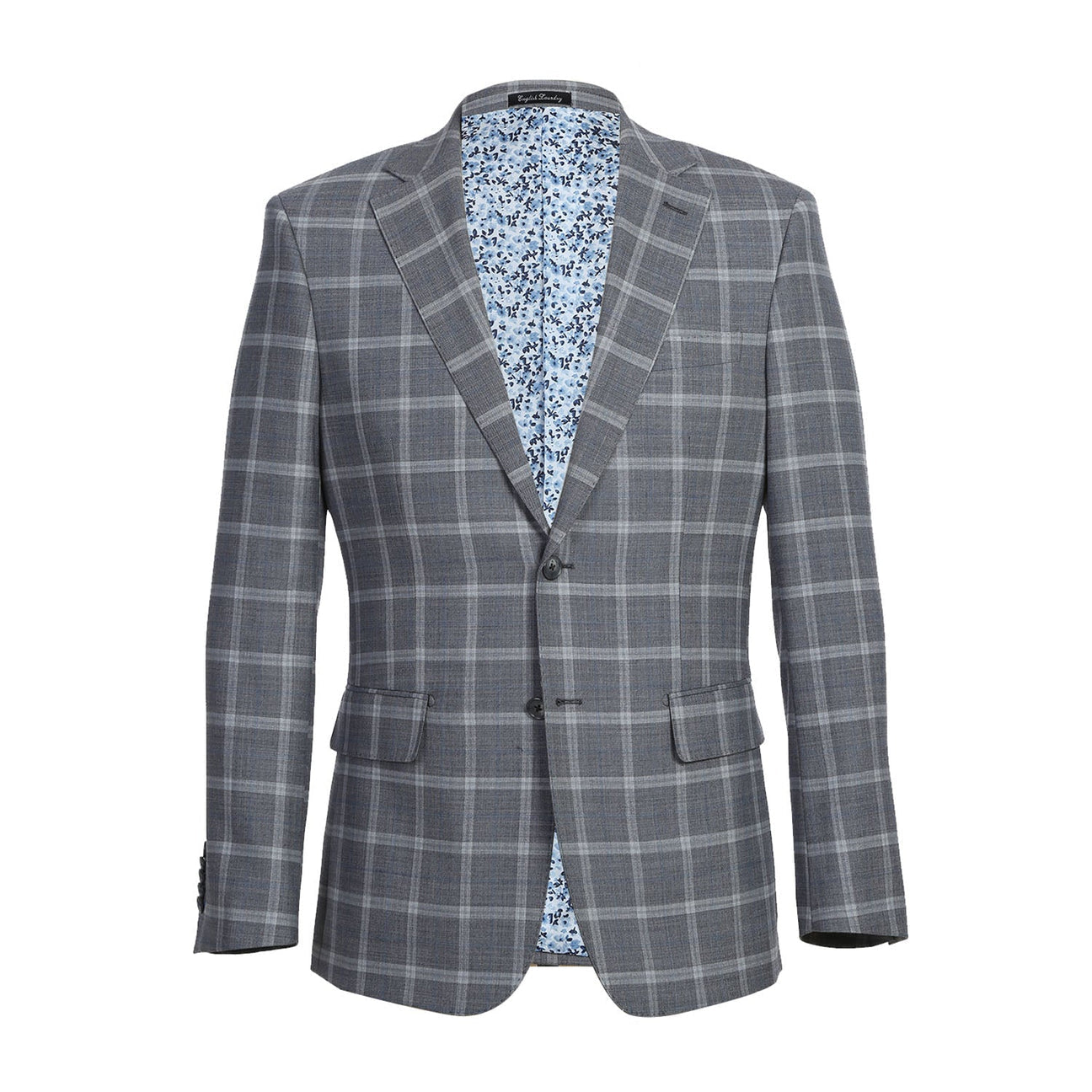 A mannequin featuring the ENGLISH LAUNDRY Gray Plaid Notch Wool Suit, product code EL72-60-092, by English Laundry, paired with a crisp white shirt and an orange patterned tie.