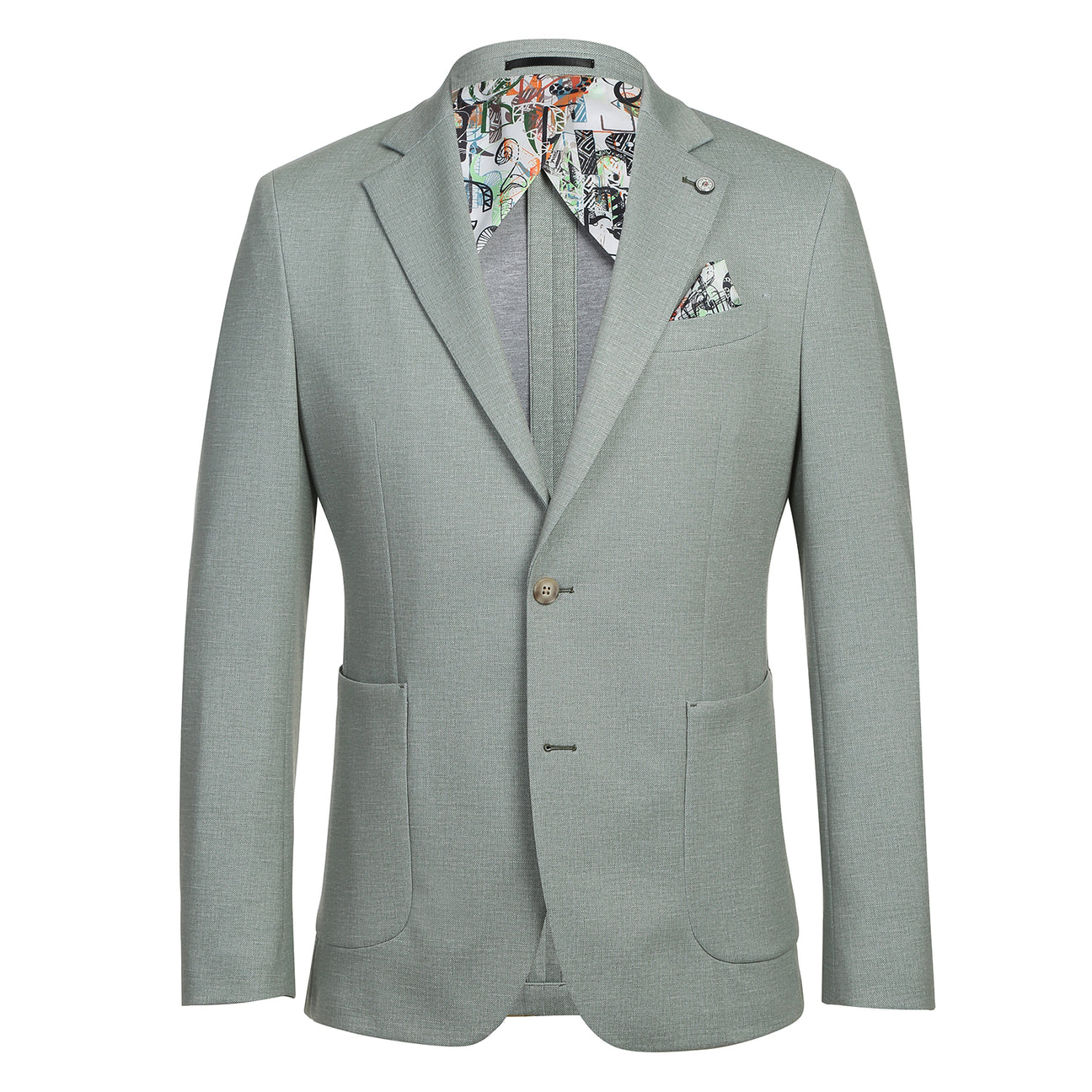 The Pellagio Light Green Men's Half Canvas Blazer, model PS24-4, features a stylish combination of light gray with a white shirt and brown tie. It is designed with notched lapels and patterned lining. This slim fit blazer includes buttons made from a blend of 86% polyester, 9% rayon, and 5% spandex.