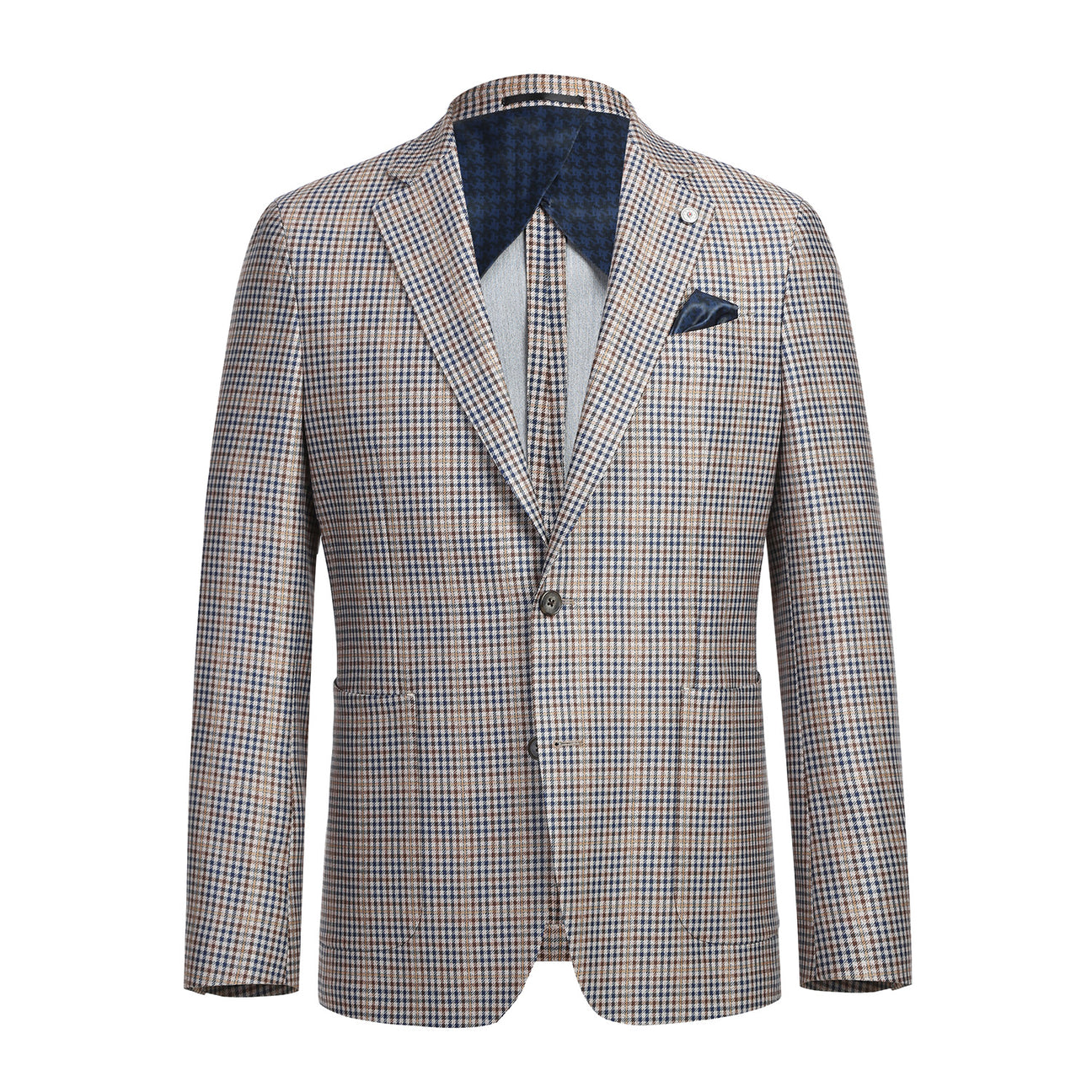 Displayed on the mannequin is the Pellagio Men's Half Canvas Light Gray Blazer PF23-3, featuring a sleek single-breasted design with a notched lapel. It pairs exquisitely with a crisp white shirt and a coordinating gray polka dot tie.