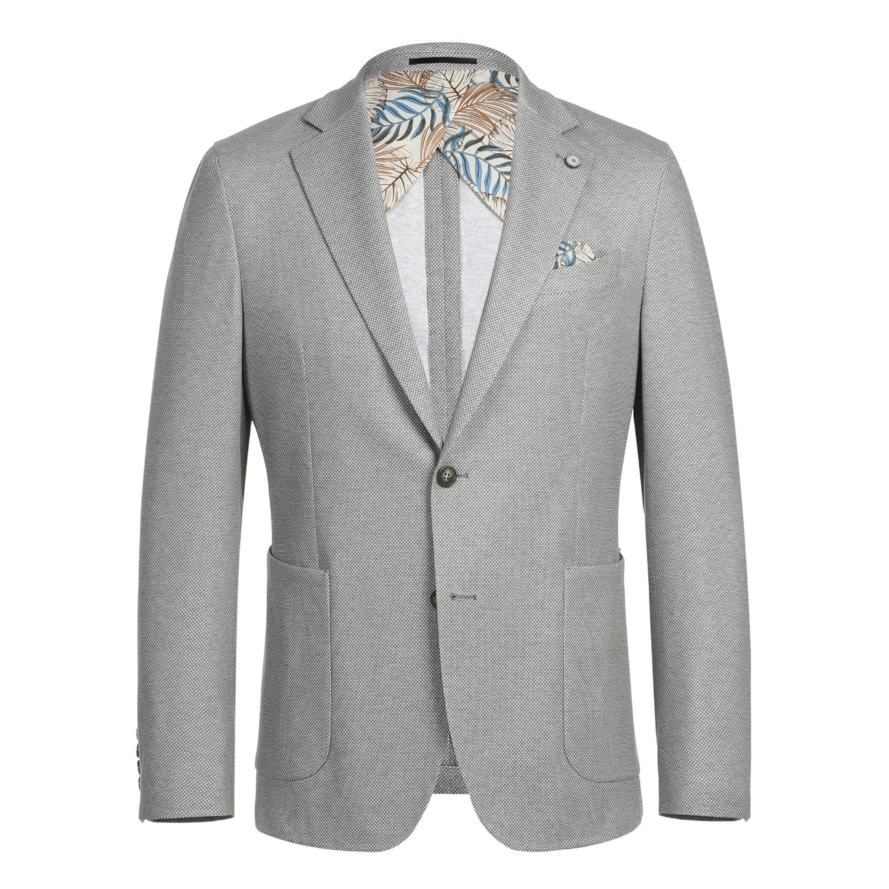 A gray Pellagio Men's Half Canvas Blazer PS23-2, tailored in a slim fit, is displayed on a mannequin with a white shirt and a striped tie in gold, navy, and black. A pocket square is neatly placed in the blazer's pocket. Please note: dry clean only.