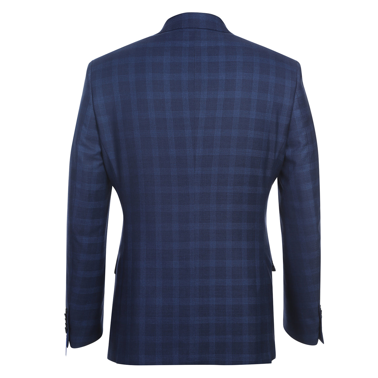 A mannequin showcases the English Laundry ENGLISH LAUNDRY Navy Check Suit 92-53-410EL, featuring a slim fit design with notch lapels and a two-button closure, perfectly paired with a white shirt and patterned tie.