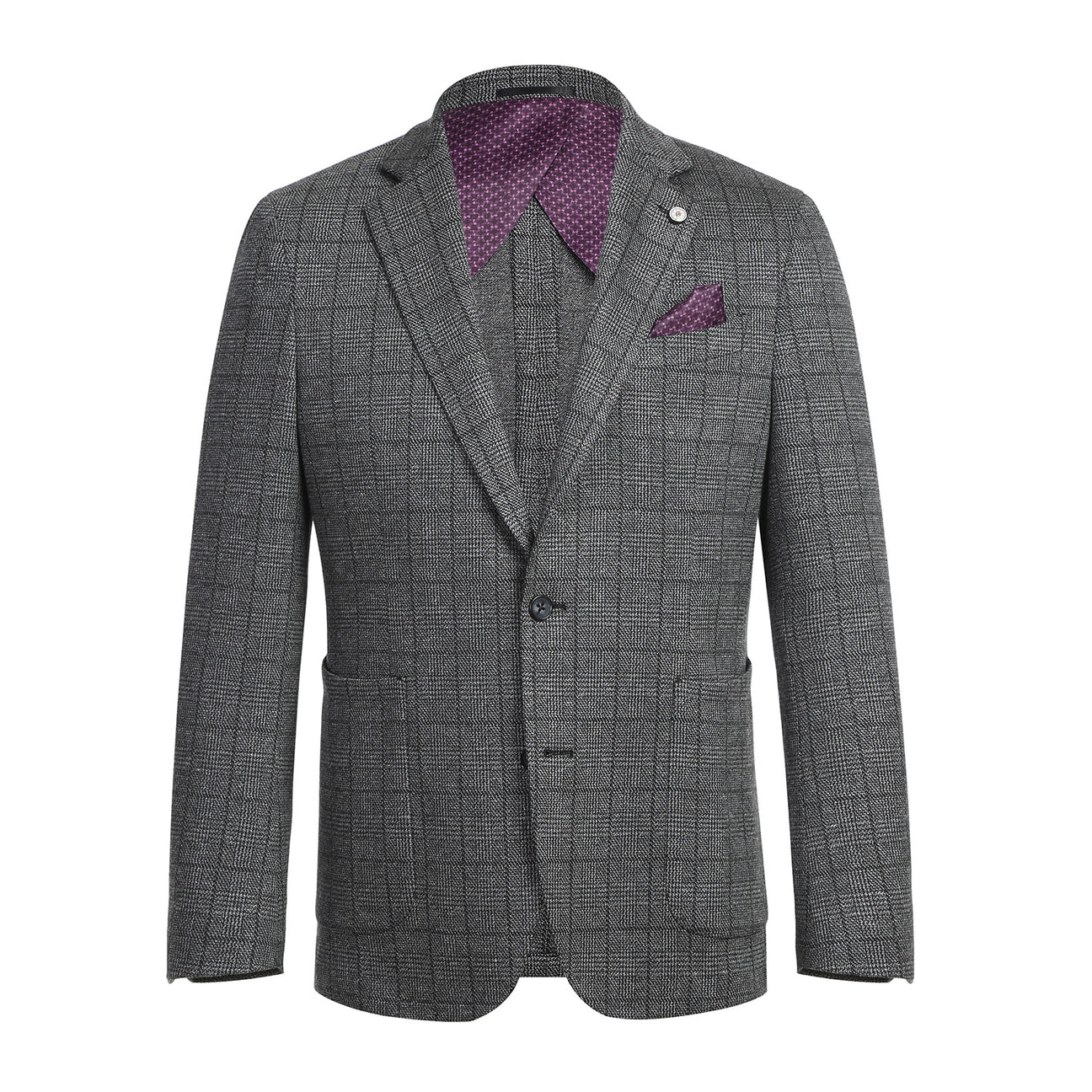 The Pellagio Men's Half Canvas Gray Blazer PF23-4, showcased on a mannequin, is complemented by a white shirt, a purple polka dot tie, and a matching pocket square. This slim fit, single-breasted ensemble from Pellagio captures modern elegance while preserving a timeless charm.