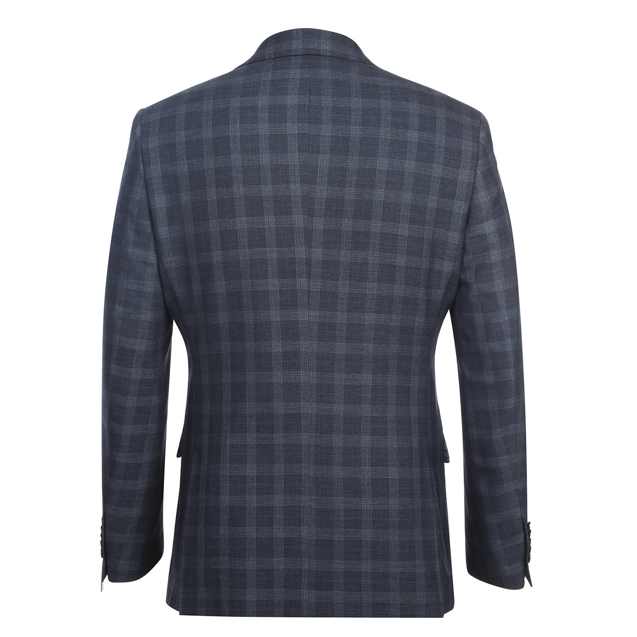 Displayed on a mannequin is the ENGLISH LAUNDRY Iron Gray Check Suit 92-52-410EL from English Laundry, featuring a slim fit jacket paired with matching pants, complemented by a white dress shirt and a patterned tie.