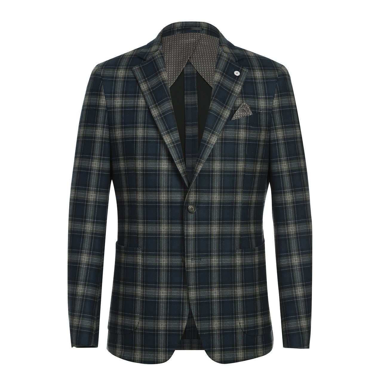 Display a mannequin wearing the Pellagio Men's Half Canvas Navy Brown Blazer PF23-12, showcasing its tailored, single-breasted plaid design. It's perfectly complemented with a light blue dress shirt and an orange patterned tie.