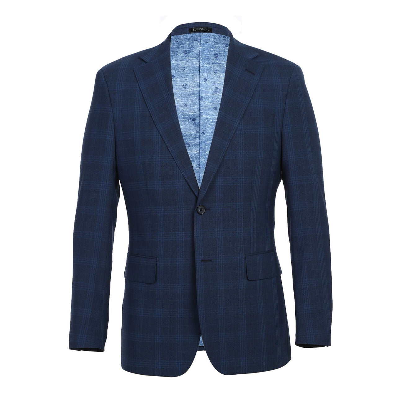 The ENGLISH LAUNDRY Airforce Blue Plaid Wool Suit (EL72-50-412) from English Laundry is displayed on a mannequin. Featuring a stretch wool blend for the ultimate comfort, it elegantly pairs with a white shirt and blue tie, showcasing its slim fit silhouette against a plain backdrop.