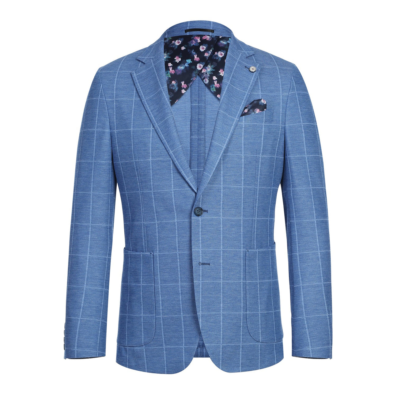 The Pellagio Blue Plaid Men's Half Canvas Blazer PS23-6 by Pellagio features a blue checkered design, slim fit, floral lining, and pocket square in a single-breasted style for enhanced structure.