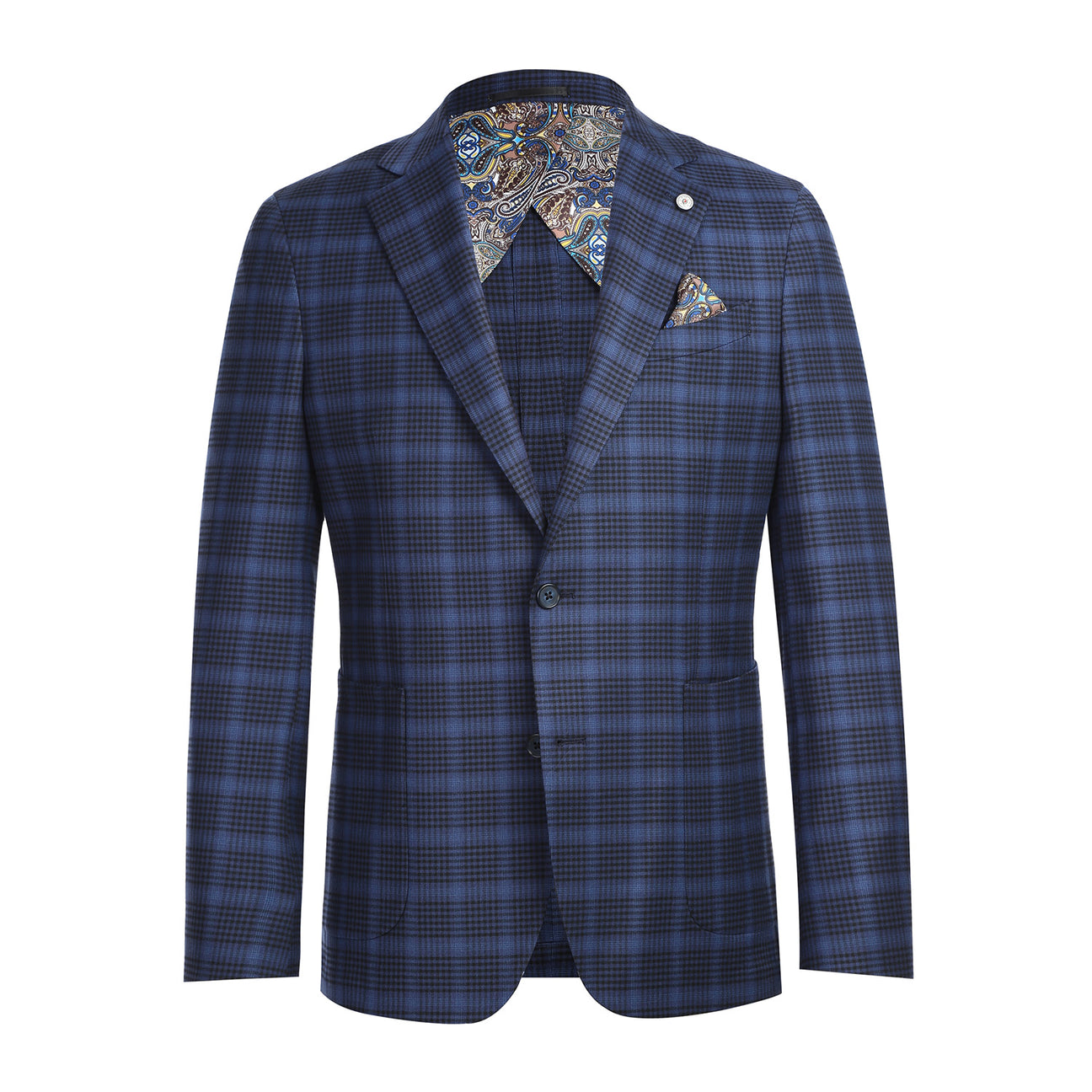 The mannequin displays the Pellagio Men's Half Canvas Royal Blue Blazer PF23-2 over a crisp white shirt, paired with an orange patterned tie and finished with a pocket square.