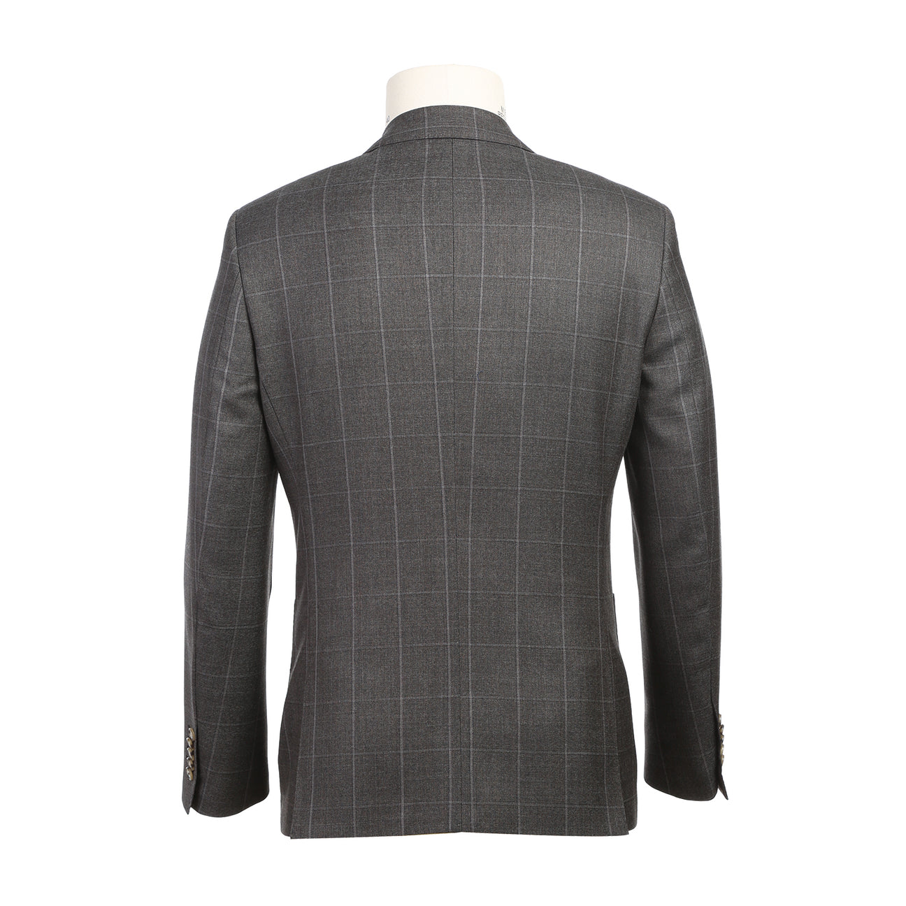 A brown wool suit jacket from English Laundry, featuring notch lapels and a slim fit, is displayed on a mannequin along with a light peach tie and white shirt. This ensemble is crafted from 80% wool.