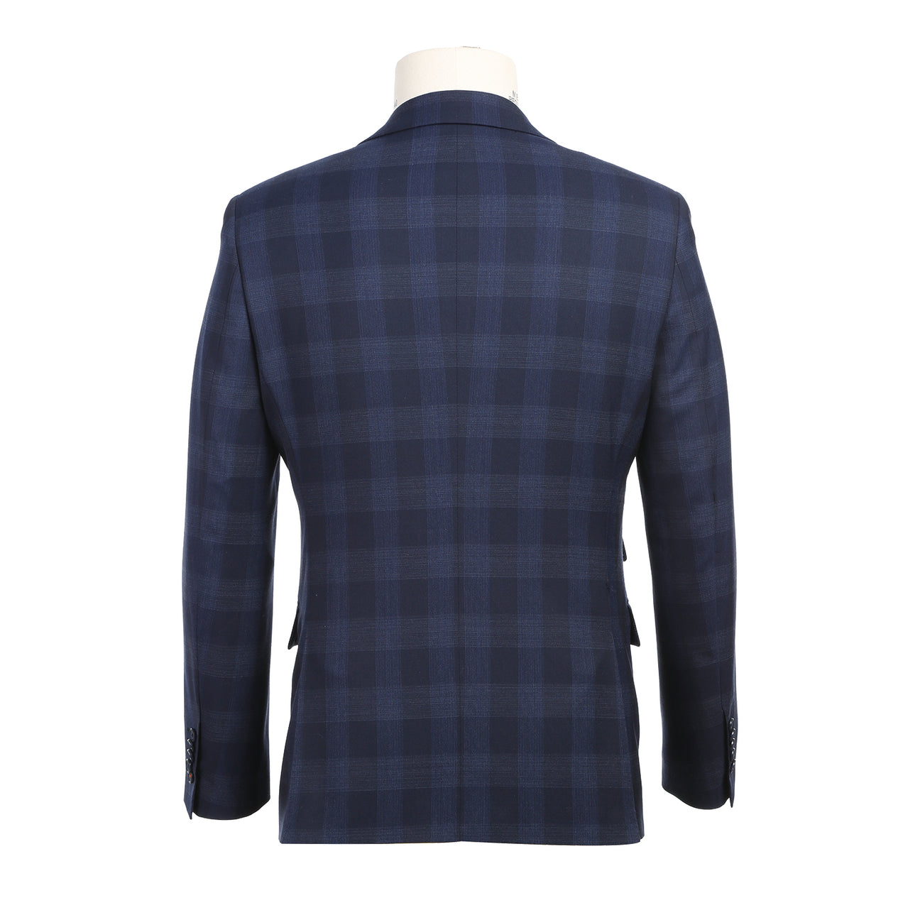 The ENGLISH LAUNDRY Navy Wool Suit EL82-65-410 by English Laundry features a navy plaid slim fit jacket with peak lapels and two buttons, crafted from a wool polyester blend, displayed on a mannequin with a white dress shirt and an orange patterned tie.