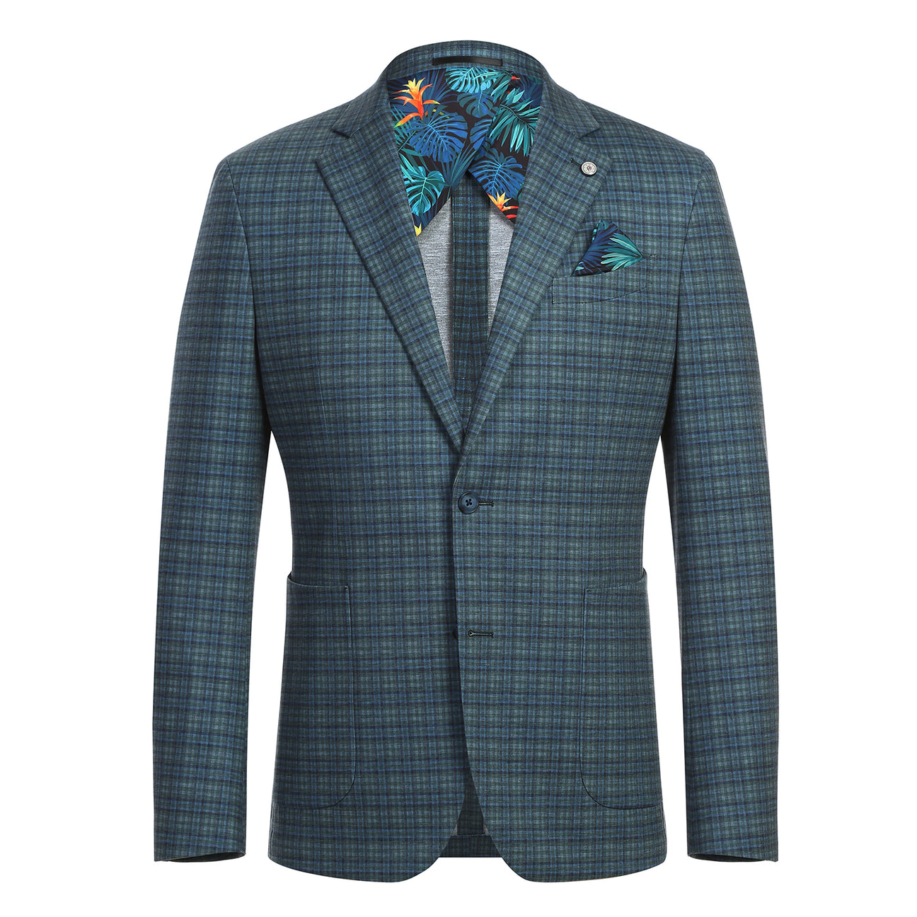 With a blue plaid exterior and a tropical print lining, the Pellagio Green Men's Half Canvas Blazer PS24-12 features practical pockets, a secure button closure, and a distinct label. Expertly crafted from 75% polyester, 18% rayon, and 7% spandex by the renowned brand Pellagio, this blazer promises both comfort and durability.