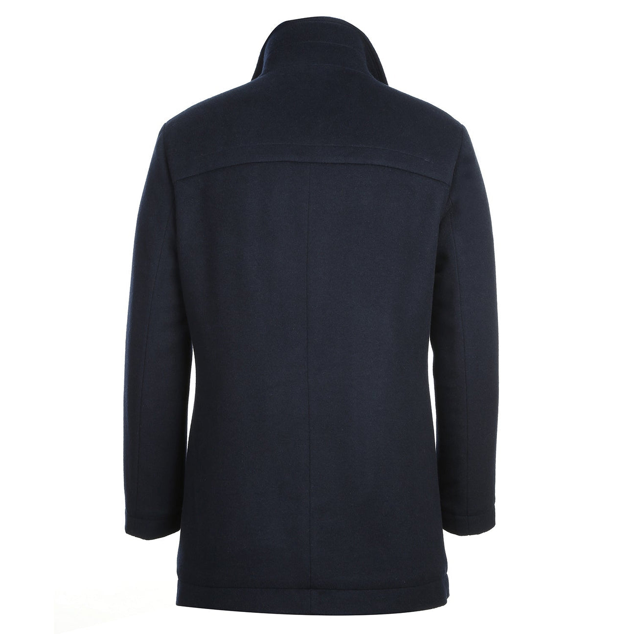 The Alessandro Vitello by Renoir Navy Short Coat 830-4 by Renoir is a navy blue winter coat made from wool, featuring a standing collar and a single-breasted design with button fastening and a front zipper underneath, displayed against a white background.