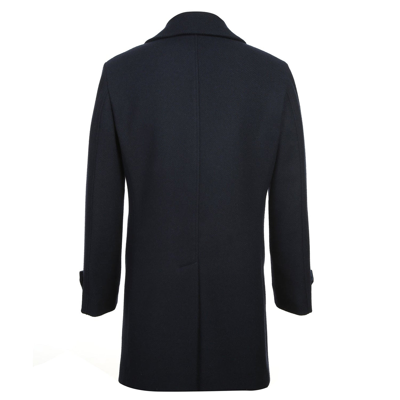 Navy long coat by Alessandro Vitello, model 830-2, featuring a single-breasted design with a notched lapel and cuff straps, displayed on an invisible mannequin against a white background.