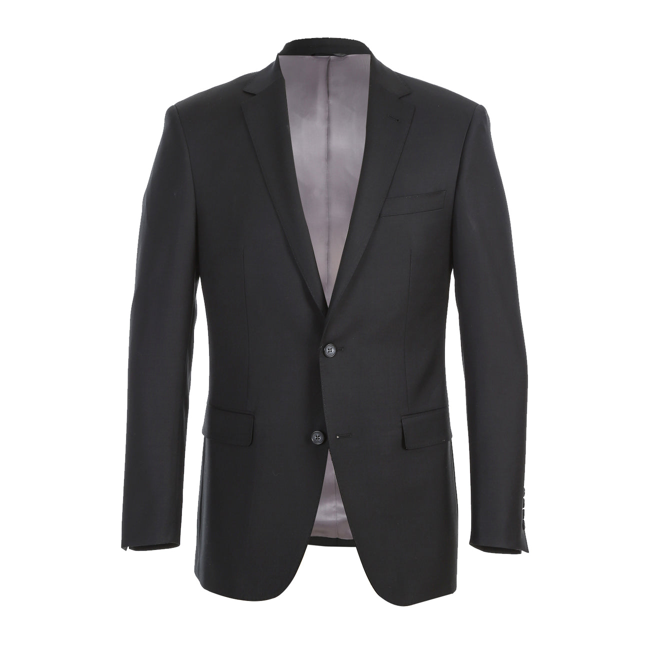 Rivelino's RIVELINO Modern Fit Black Half-Canvas Suit RHC100-1, elegantly showcased with a white shirt and striped blue tie on a mannequin, set against a plain white background.