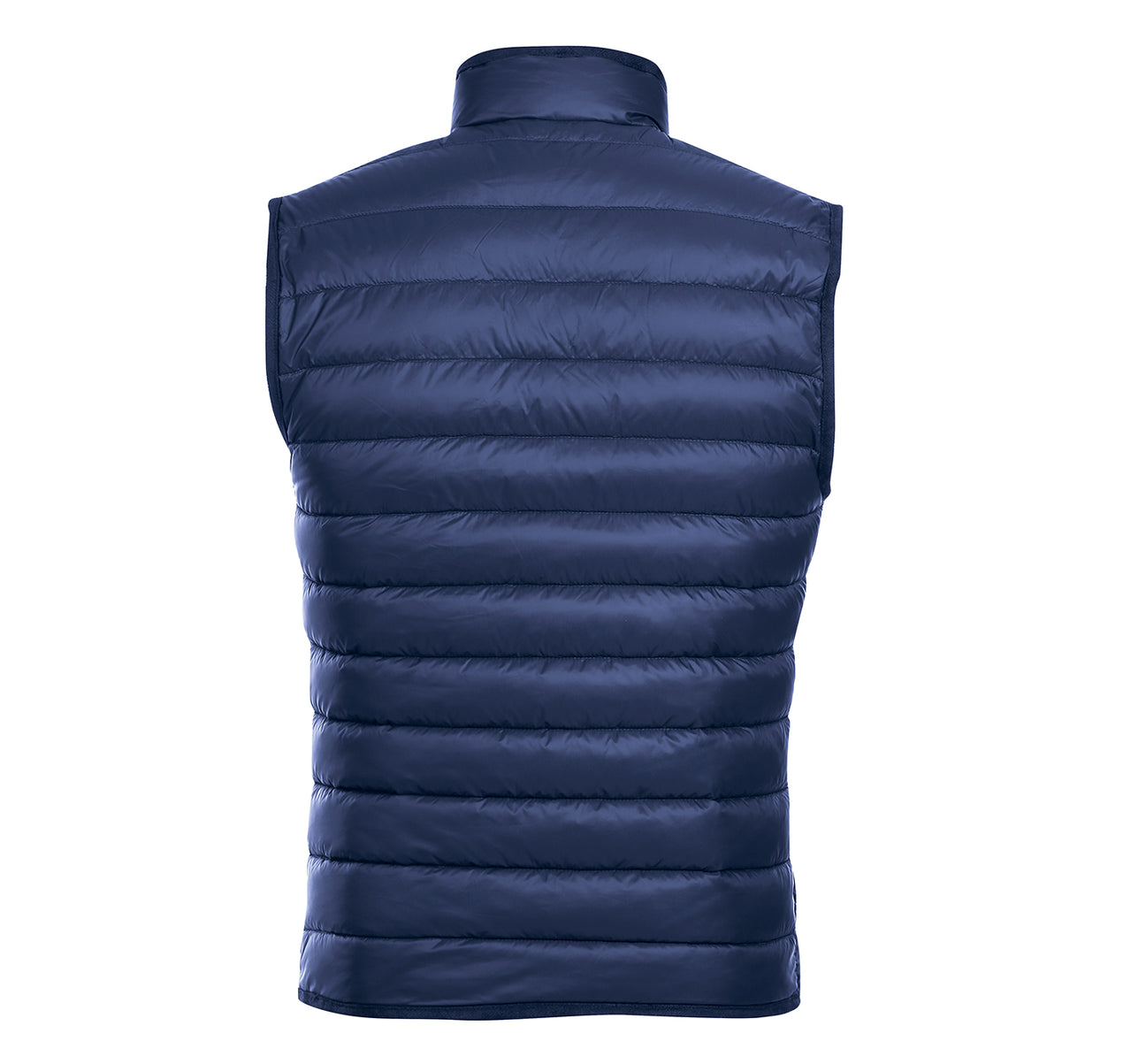 A Renoir Alessandro Vitello Jonathan Nylon Down Blue Vest 831-10, designed with a high collar, front zipper, and two side pockets.