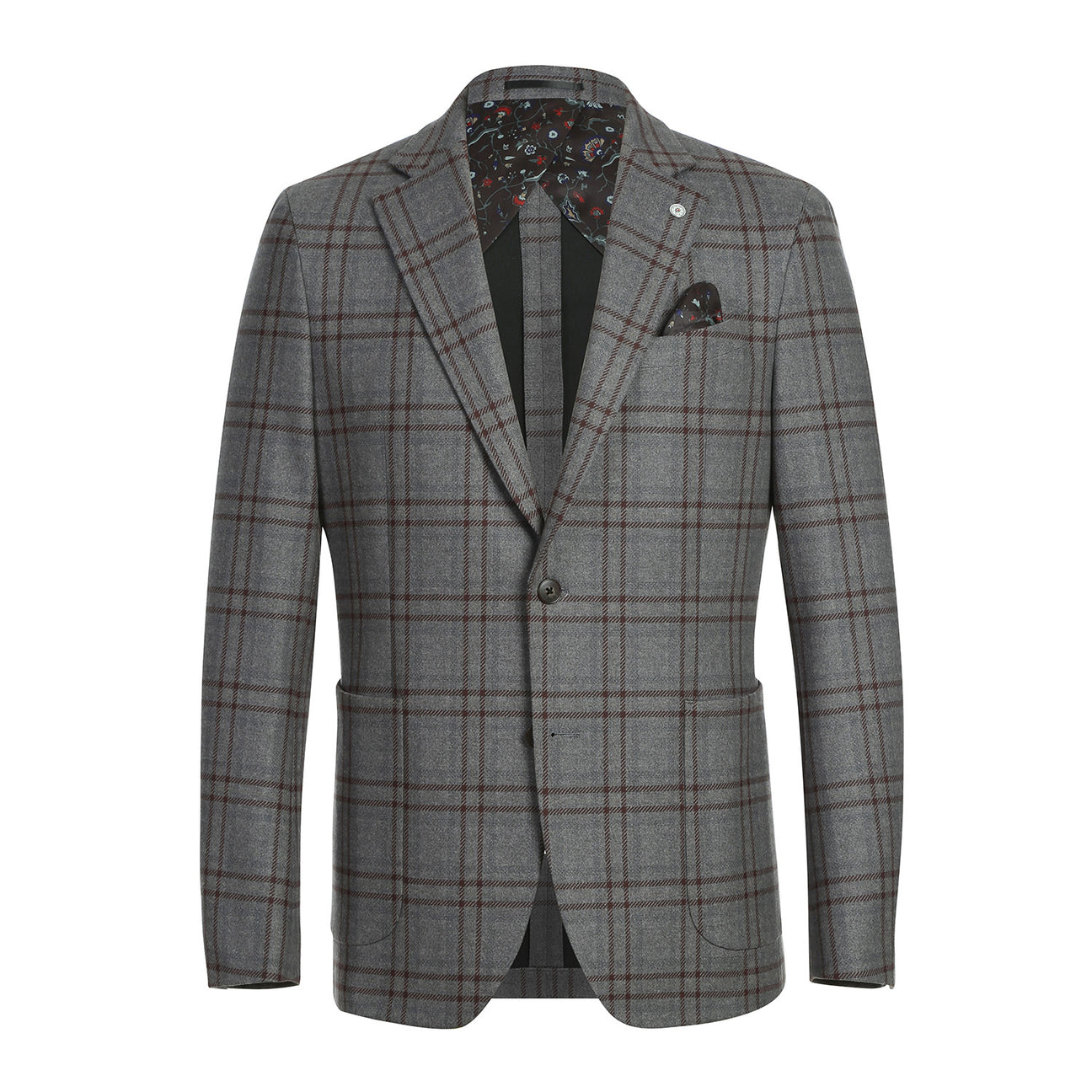 Displayed on a mannequin, the Pellagio Men's Half Canvas Gray Blazer PF23-11 features a notched lapel and single-breasted design, paired with a white shirt and an orange patterned tie.