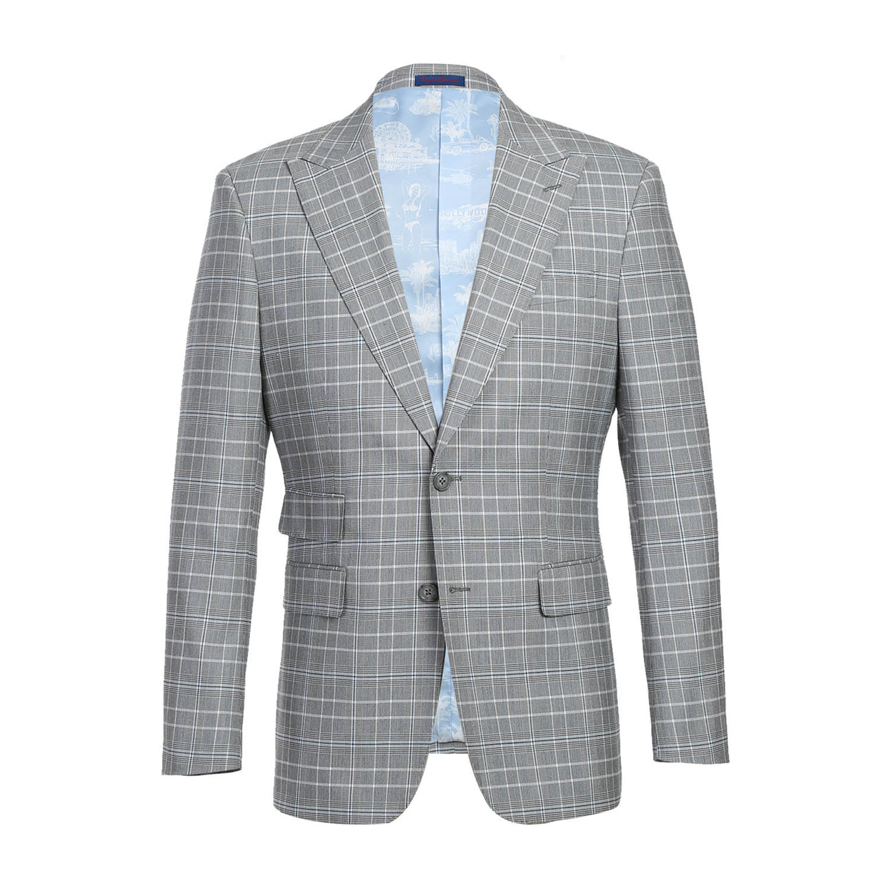 The mannequin displays the ENGLISH LAUNDRY White Smoke Plaid Suit 82-60-092EL from English Laundry, featuring a slim fit with a stylish grey plaid pattern over a crisp white dress shirt, accented by a dark purple polka dot tie and distinguished peak lapels.