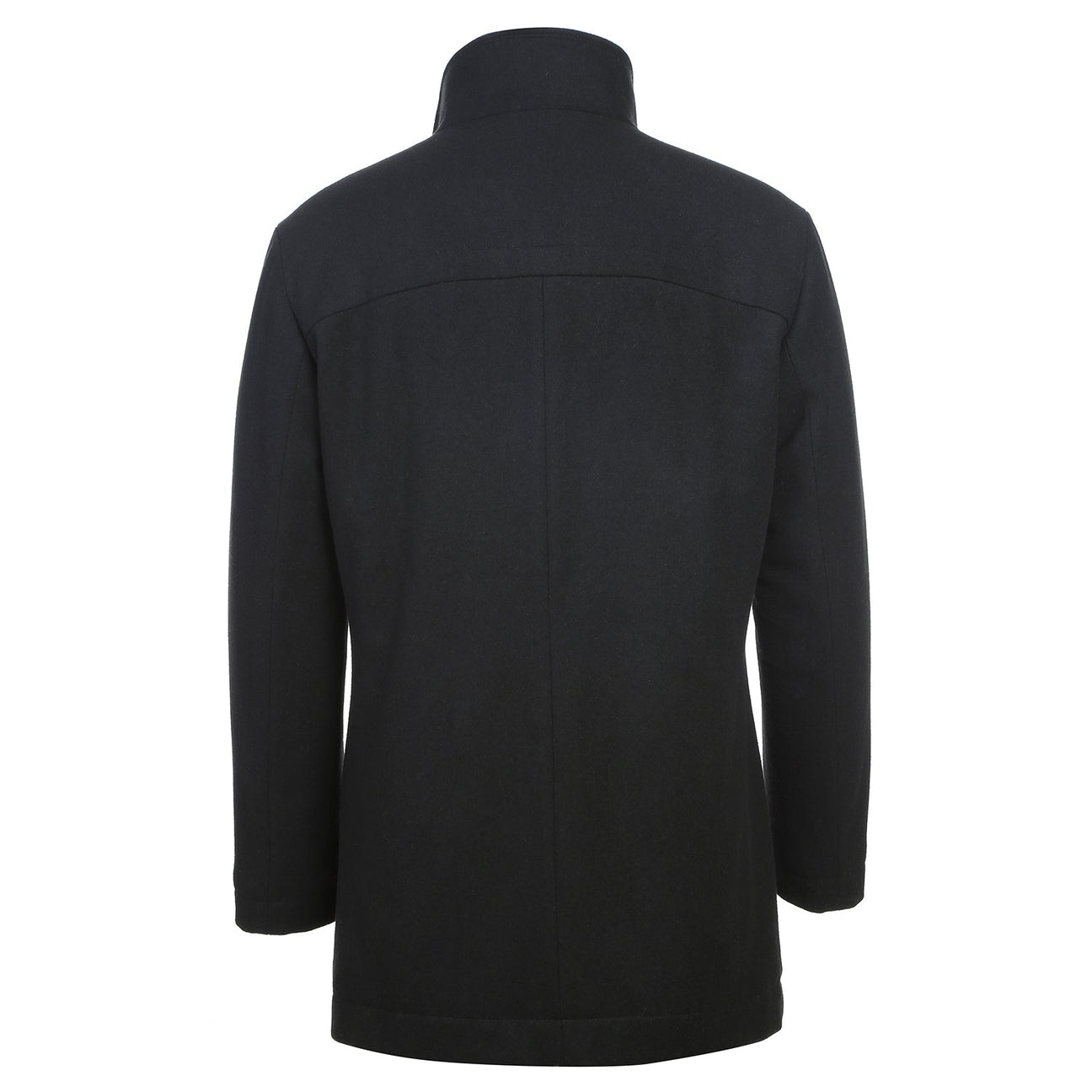 The Alessandro Vitello by Renoir Black Short Coat 830-5, designed for men, is made from a wool blend and features a standing collar with three visible front buttons.