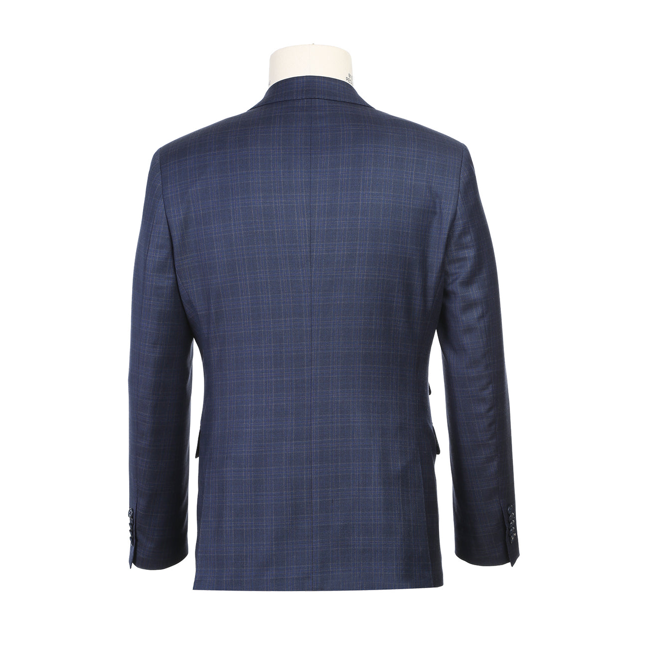 A sleek, gray-blue wool suit jacket from English Laundry is stylishly matched with a blue tie and white dress shirt, elegantly displayed on a mannequin.