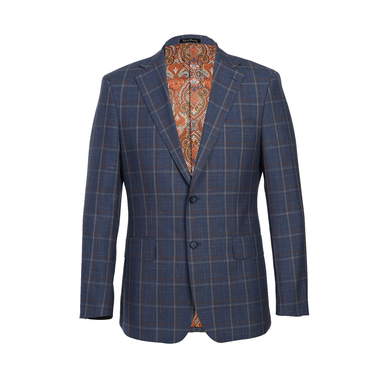 The mannequin elegantly showcases the ENGLISH LAUNDRY Light Steel Blue with Orange Check Wool Suit EL72-62-400 by English Laundry, in a sleek slim fit. It is beautifully paired with a crisp white shirt and a dark patterned tie.