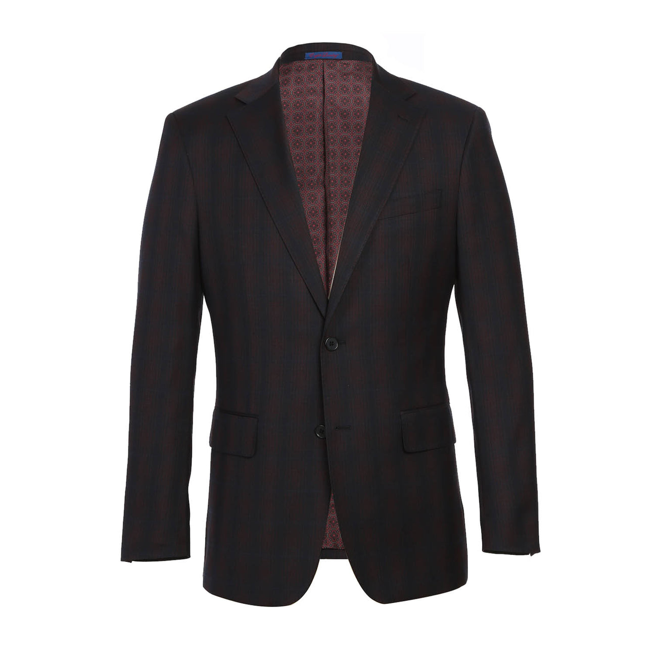 The English Laundry Coffee with Red Check Suit 82-56-410EL, a slim fit jacket with notch lapels and a subtle pattern, is elegantly displayed on a mannequin paired with a white shirt and an orange patterned tie.