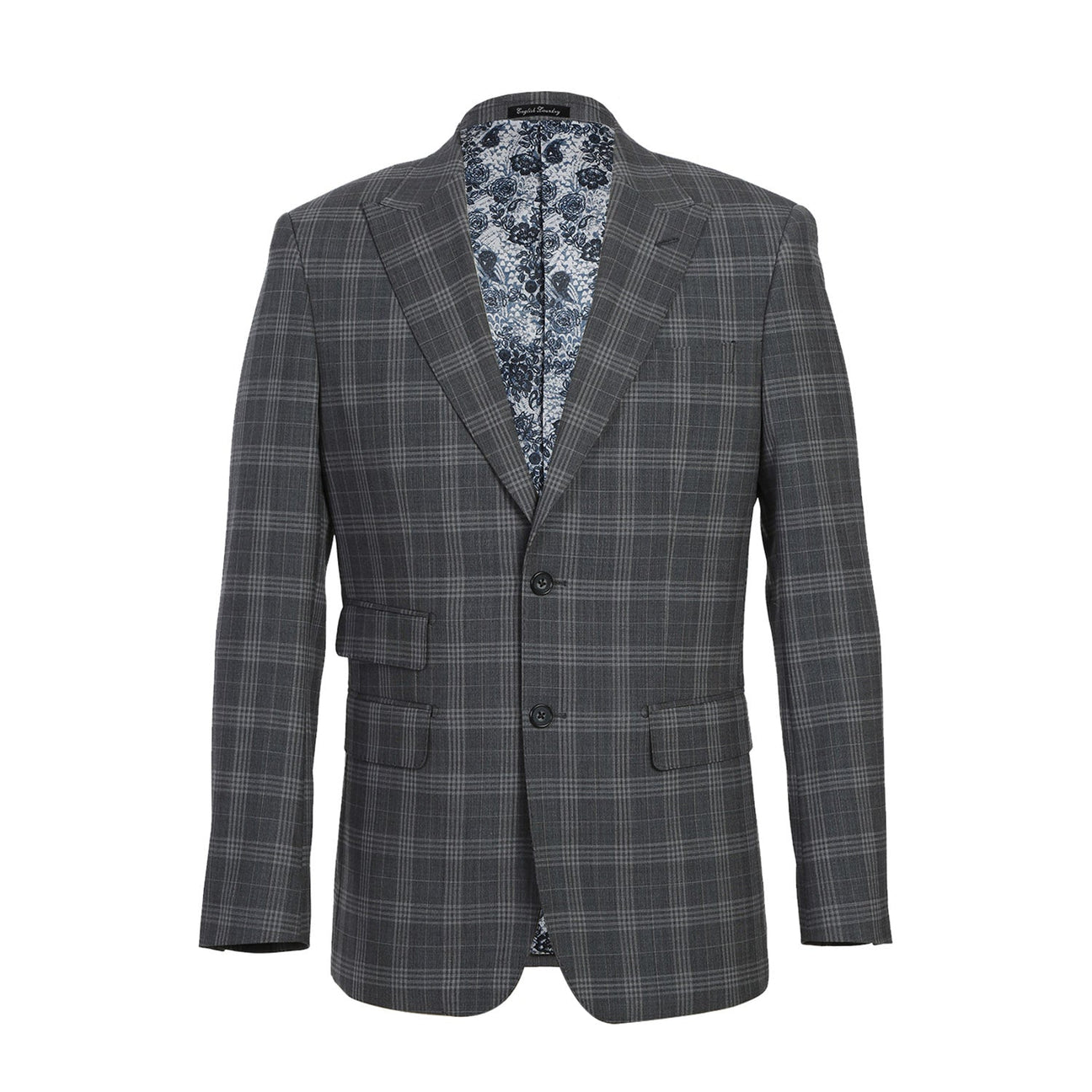 A slim fit jacket from English Laundry, specifically the ENGLISH LAUNDRY Gray Check Peak Wool Suit (EL72-58-093), featuring a peak lapel and two-button closure, elegantly complemented by a white shirt and an orange patterned tie, displayed on a mannequin.