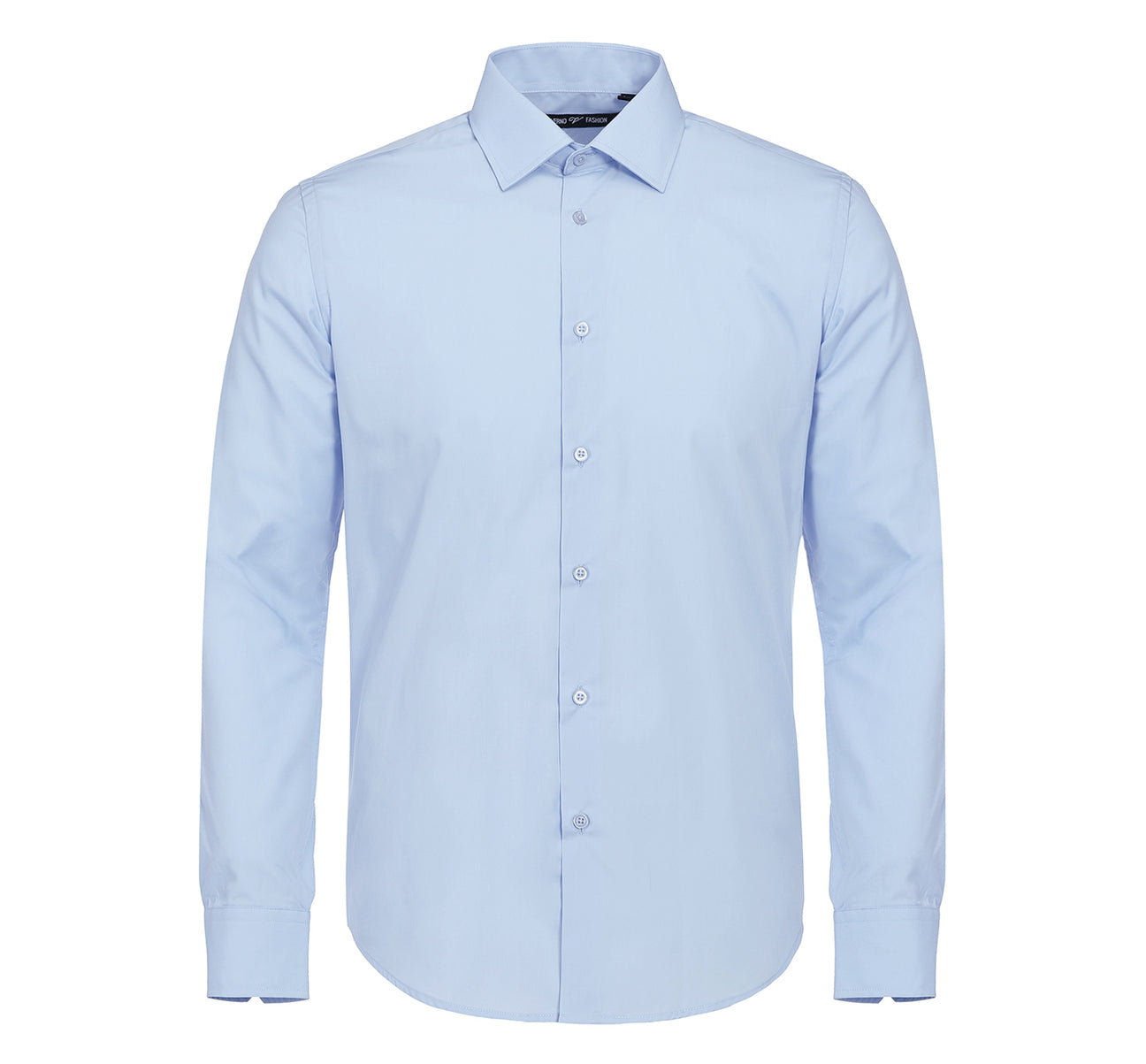 The VERNO Light Blue Classic Fit Long Sleeve Travel Easy-Care Cotton Dress Shirt CS0221 by Renoir features a folded design in light blue with a classic fit, showcasing its spread collar and buttoned cuffs. A close-up highlights the wrinkle-resistant texture of the 100% cotton fabric.