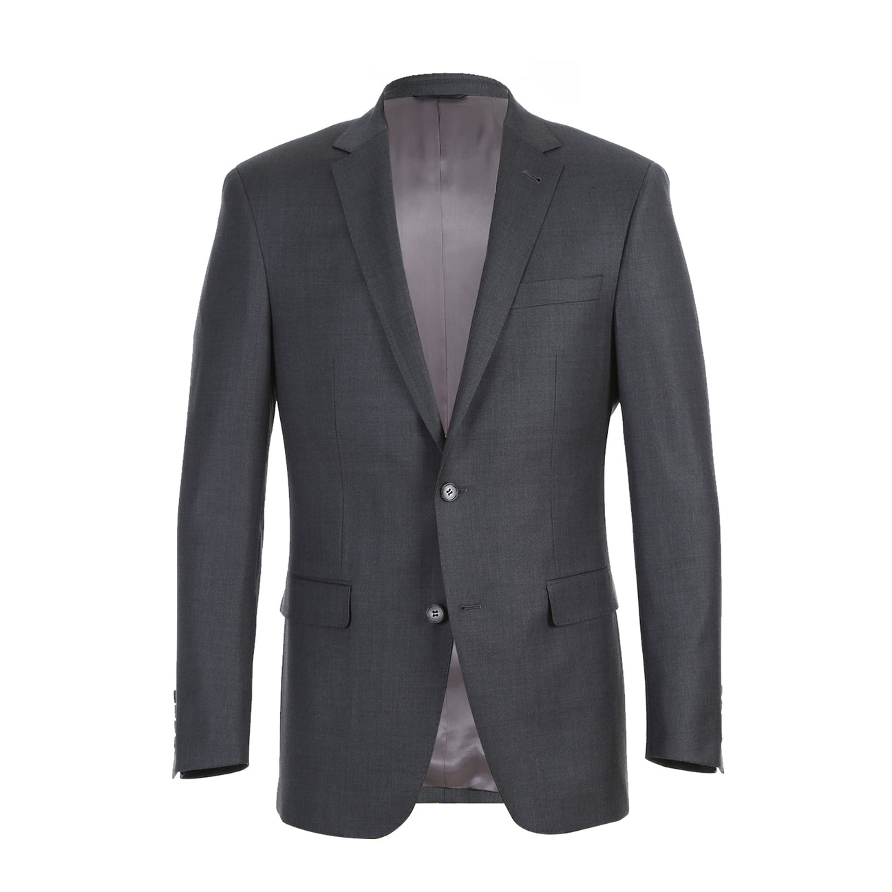 The RIVELINO Classic Fit Gray Half-Canvas Suit RHC100-4 by Rivelino is elegantly showcased on a mannequin, paired with a white dress shirt and a blue striped tie.