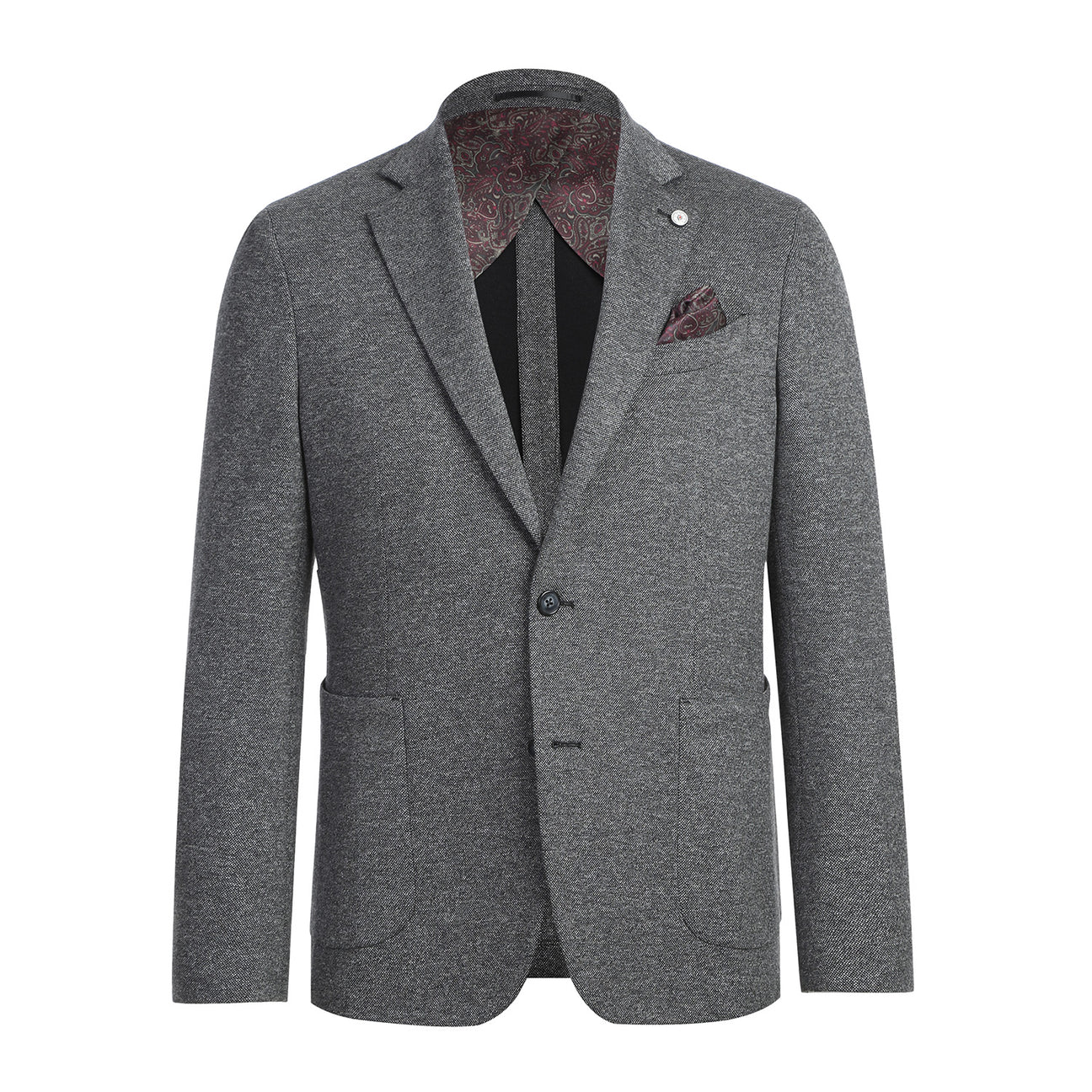 The Pellagio Men's Half Canvas Gray Blazer PF23-6 features a notched lapel and subtle texture, making it a classic piece when draped over a white shirt and patterned tie, with the look completed by a pocket square. Its elegant design is showcased beautifully on the mannequin, embodying timeless style.