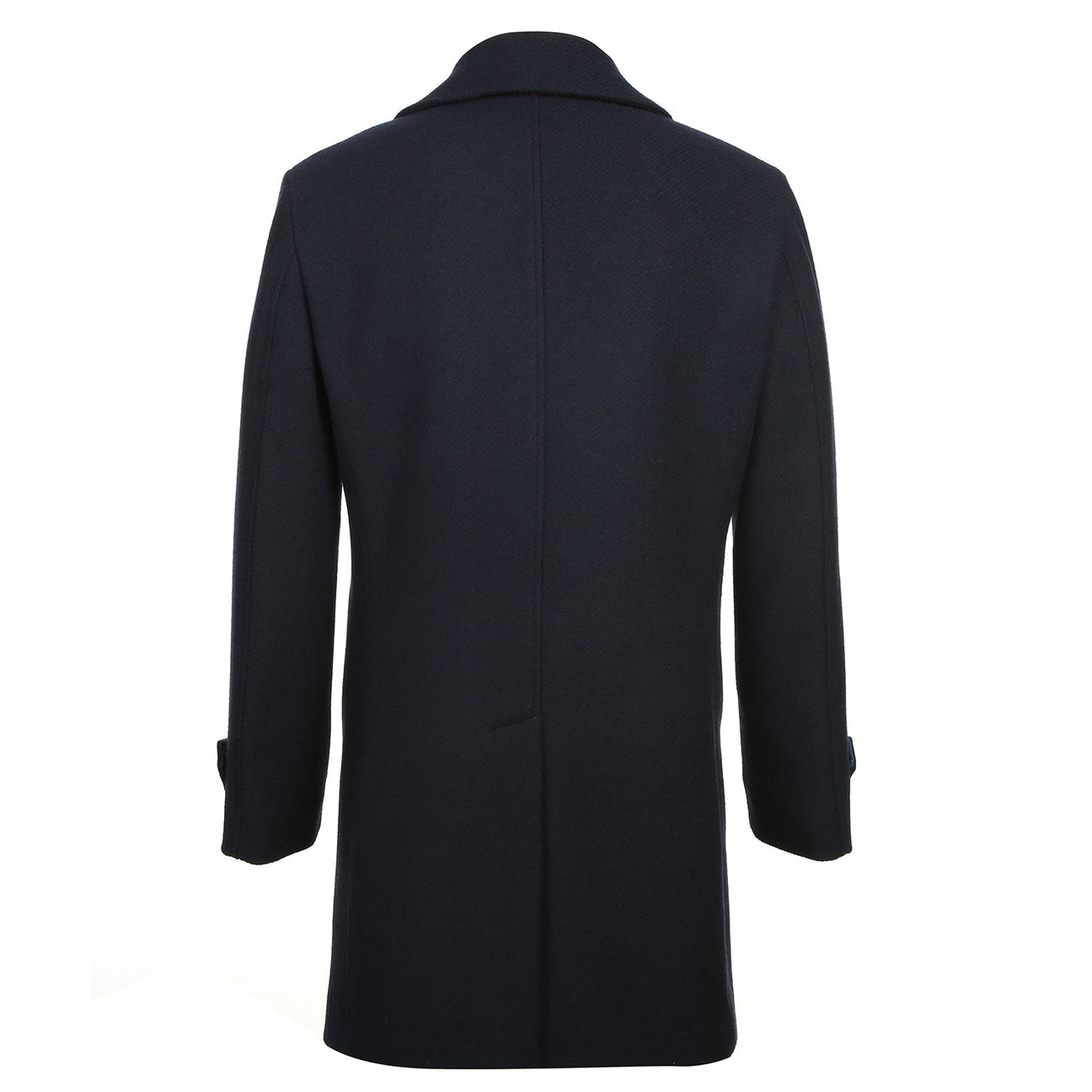 The ENGLISH LAUNDRY Navy Long Coat EL84-10-410 by English Laundry is a dark blue, single-breasted overcoat featuring a notch lapel collar and three black buttons, with a sleek longline design set against a plain white background.